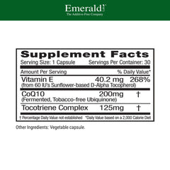 Emerald Labs CoQ10 label close-up showing natural vitamin E source