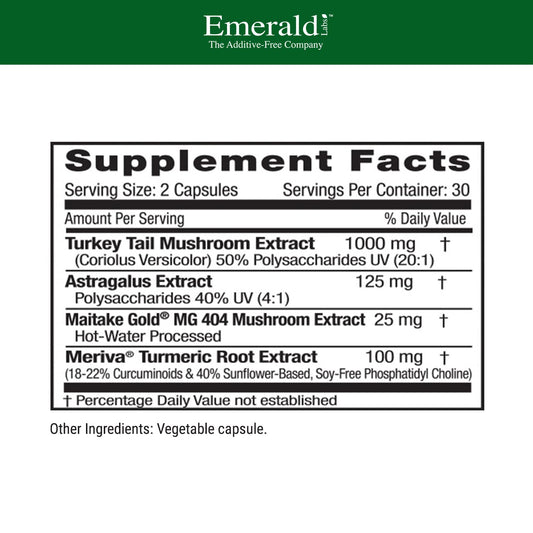 Close-up of EMERALD LABS Deep Immune Health capsules, easy daily supplement