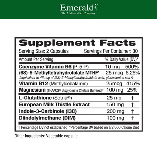 Emerald Labs Estrogen Detox capsules close-up highlighting plant-based ingredients