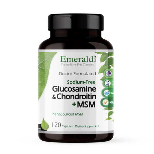 Emerald Labs Glucosamine-Chondroitin-MSM bottle supports potential joint and bone health during daily activities
