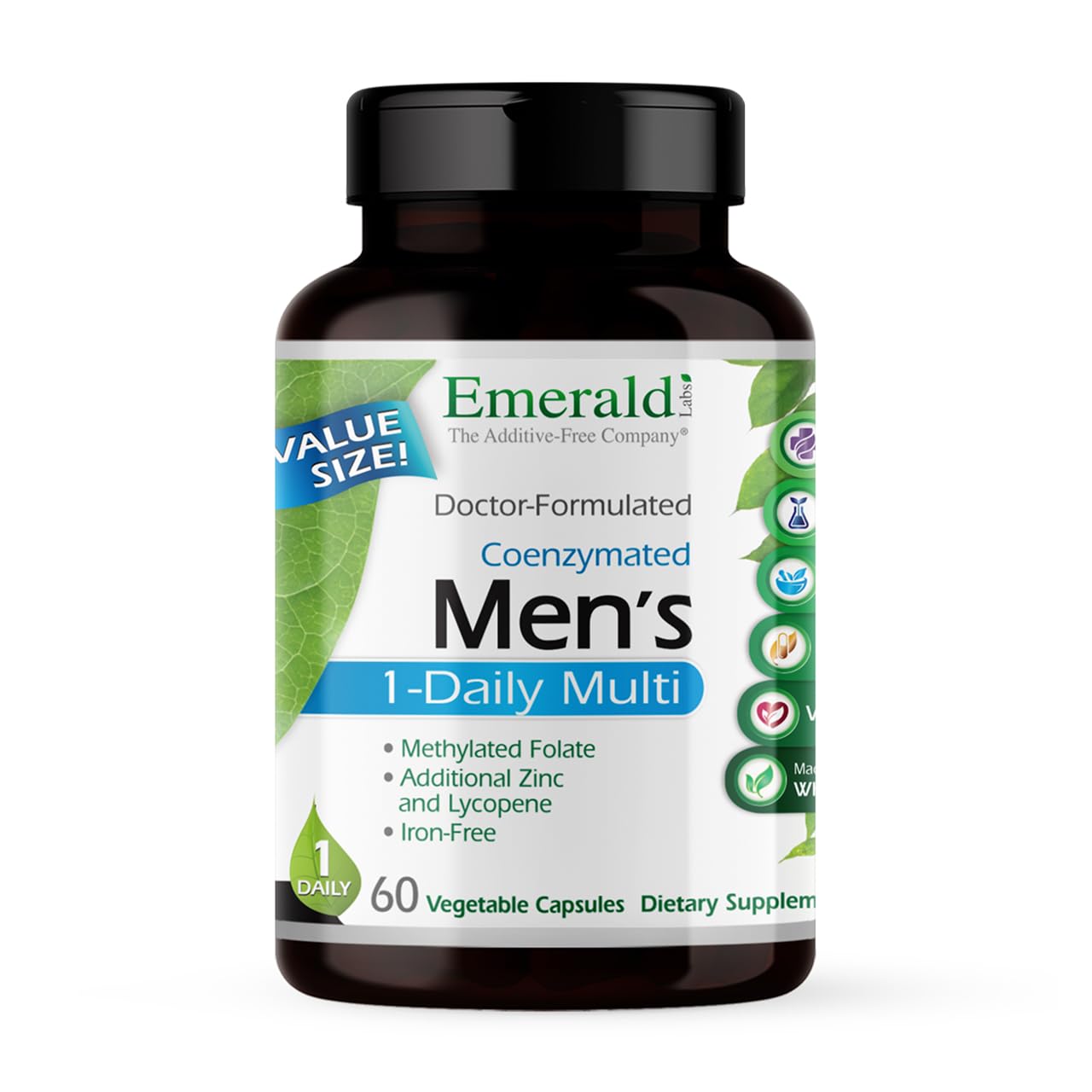 Emerald Labs Men's 1 Daily Multi bottle with capsules for bone, prostate, and vision support.