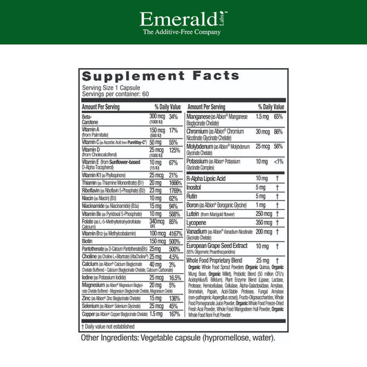 Emerald Labs Men's 1 Daily Multi capsules highlight additive-free daily wellness.
