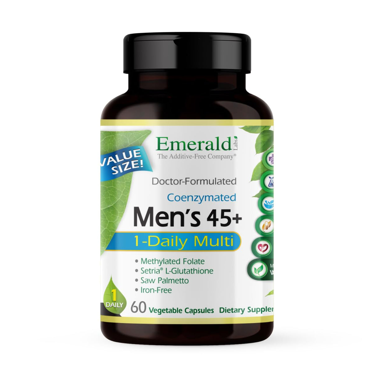 Emerald Labs Men's 45+ 1-Daily Multi bottle promotes daily energy and immune support.