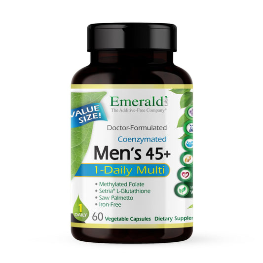 Emerald Labs Men's 45+ 1-Daily Multi bottle promotes daily energy and immune support.