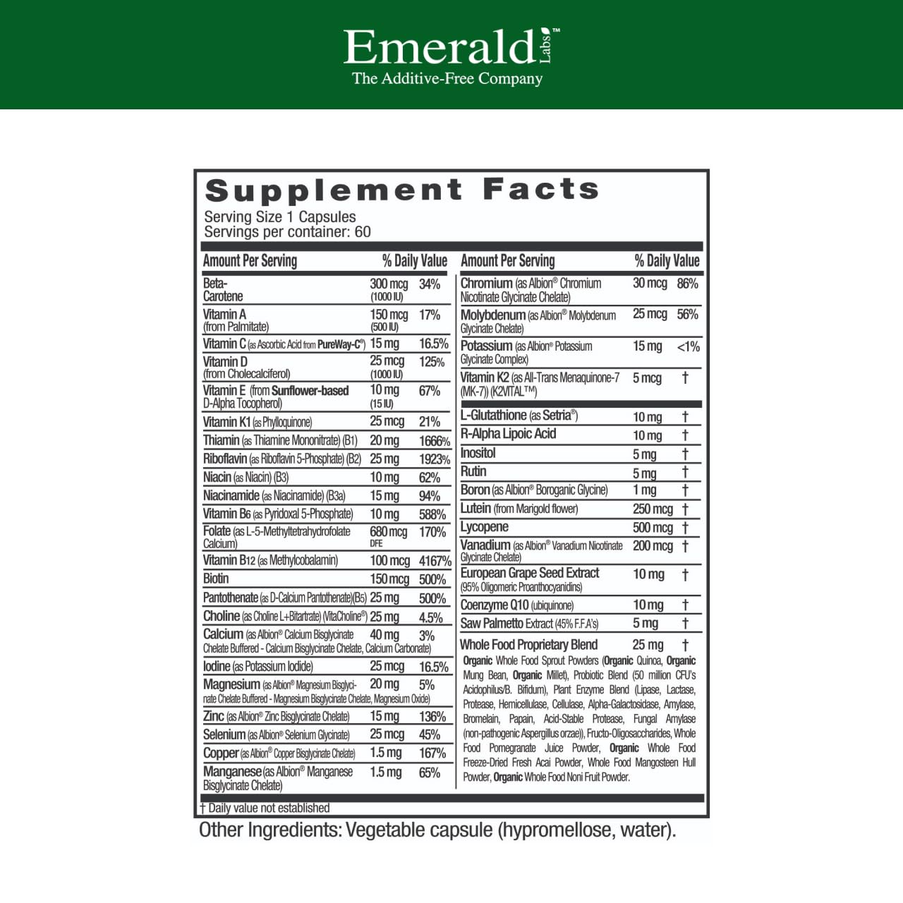 Emerald Labs Men's 45+ 1-Daily Multi capsules for bone and heart health.