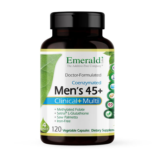 Emerald Labs Men's 45+ bottle on a clean counter supports everyday vitality