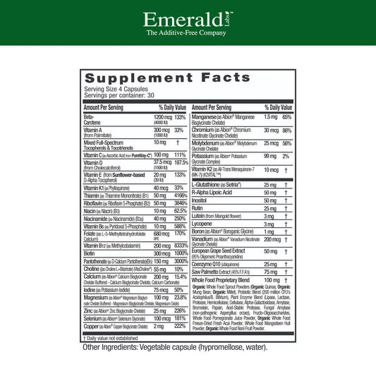 Close-up of 45+ capsules highlighting vegetarian formula for heart and bone health support