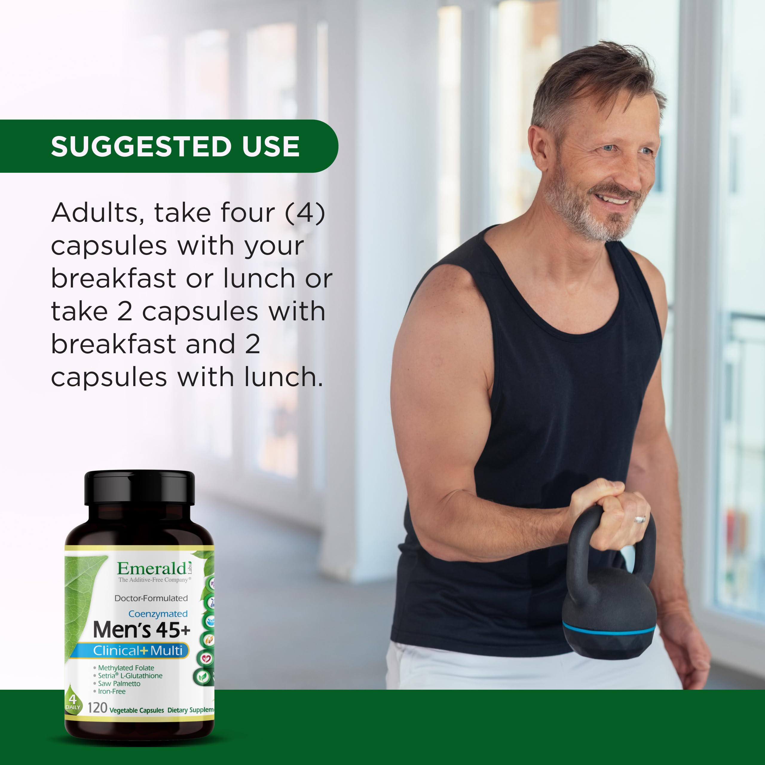 Gluten-free seal on Emerald Labs Men 45+ packaging emphasizes allergen-friendly formulation