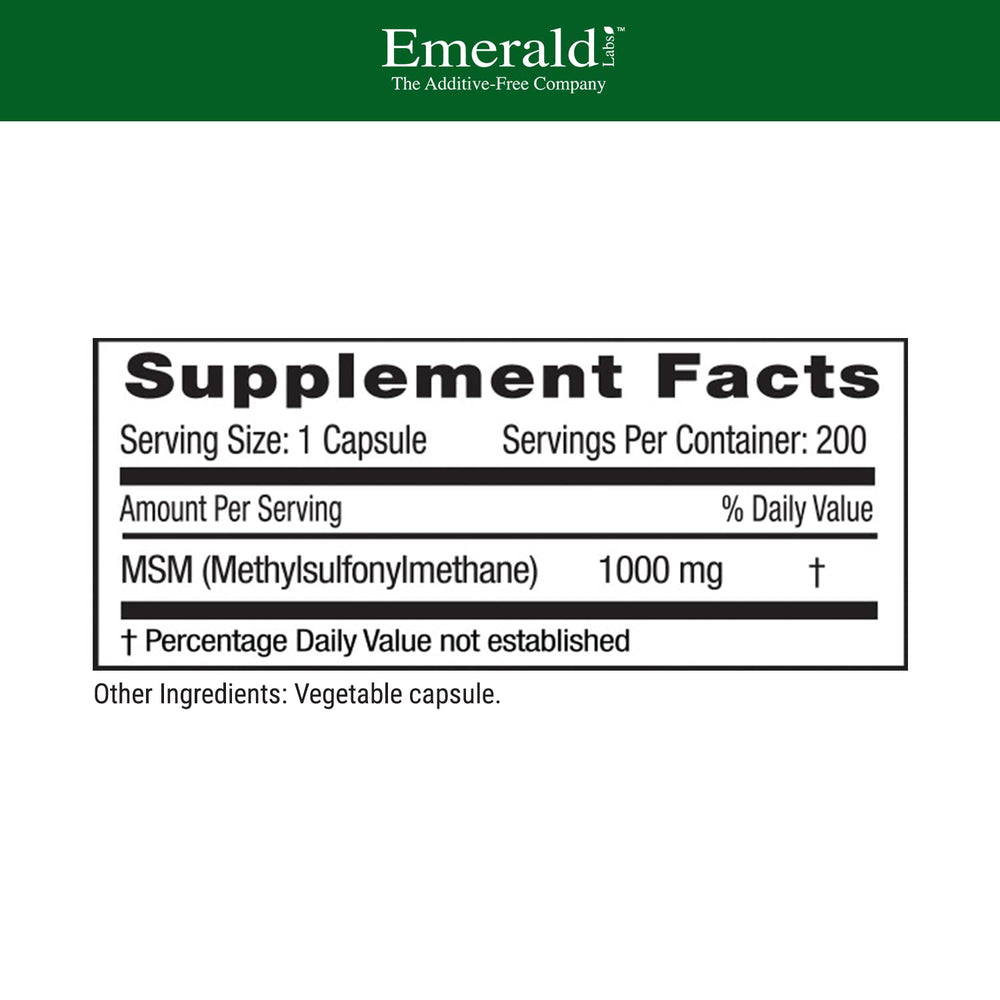 EMERALD LABS MSM bottle and label highlight additive-free quality