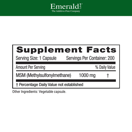EMERALD LABS MSM bottle and label highlight additive-free quality