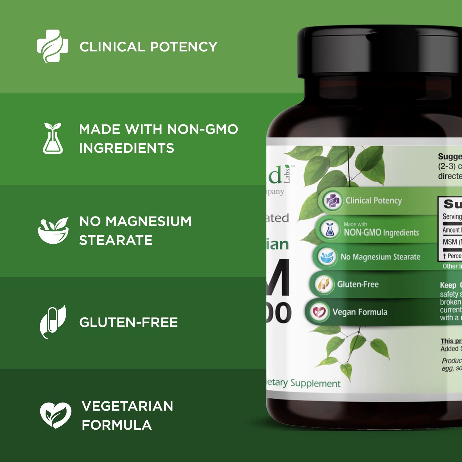 Gluten-free mark on EMERALD LABS MSM packaging signals clean ingredients