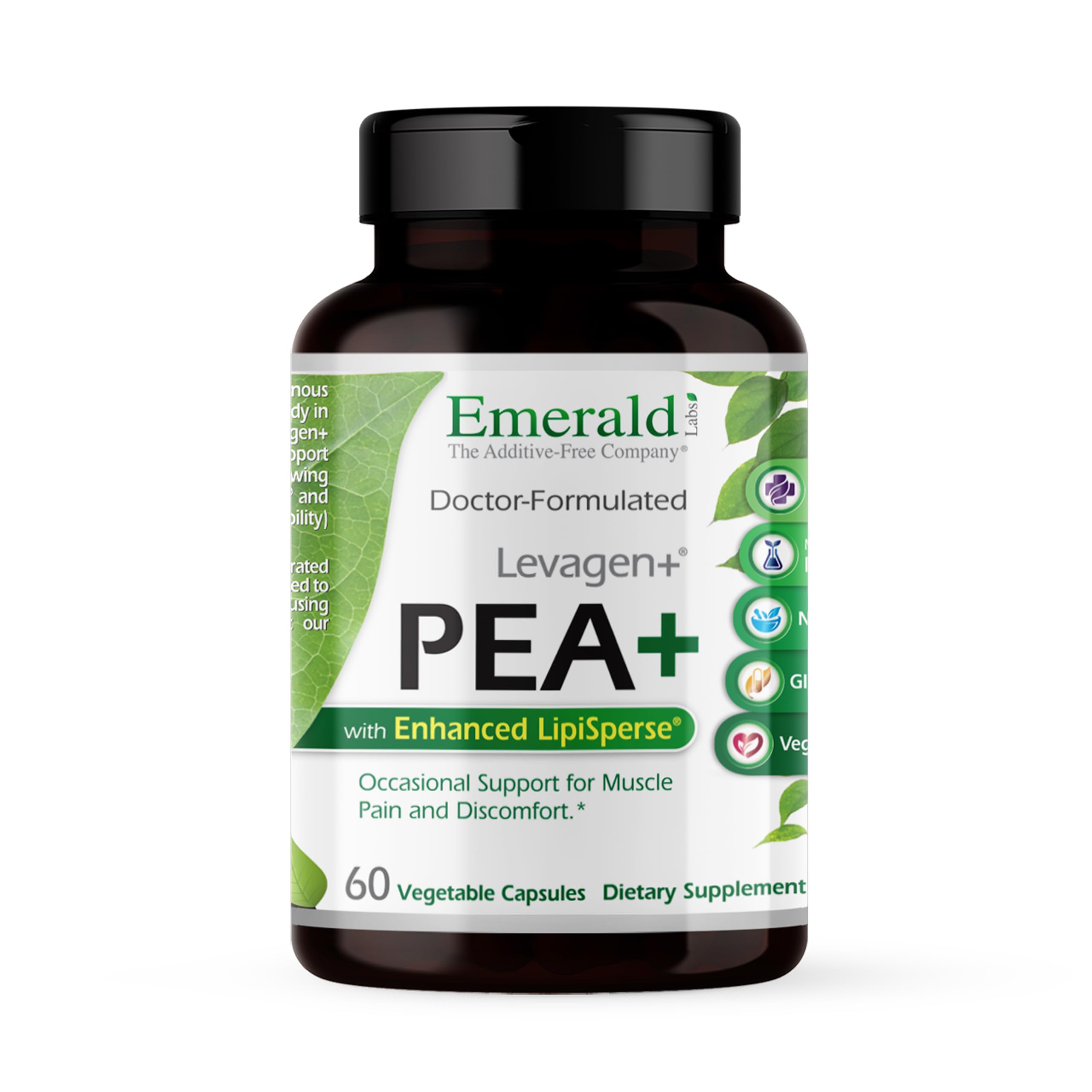 Emerald Labs Pea+ with Levagen+ bottle shows premium joint support for active lifestyles.