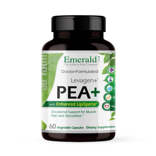 Emerald Labs Pea+ with Levagen+ bottle shows premium joint support for active lifestyles.