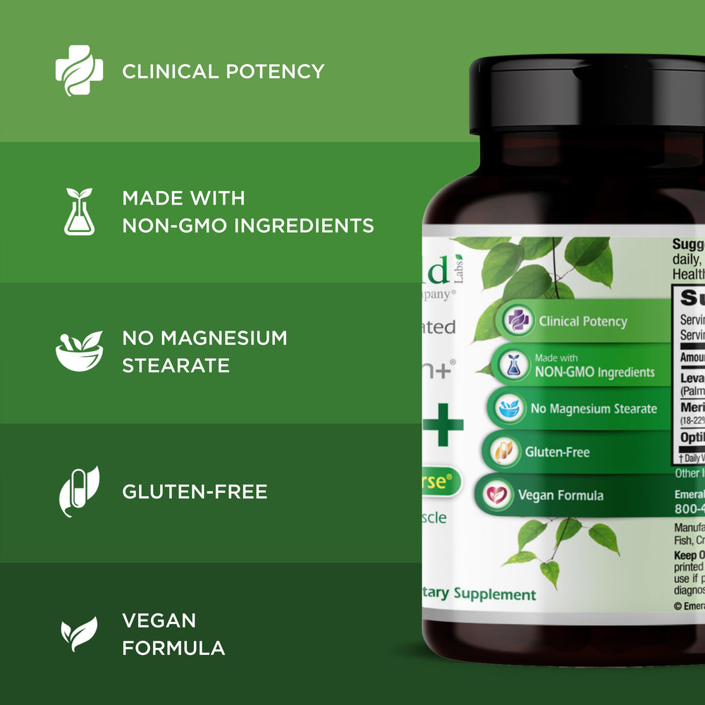 Box and bottle showcase vegan gluten-free formula from Emerald Labs.
