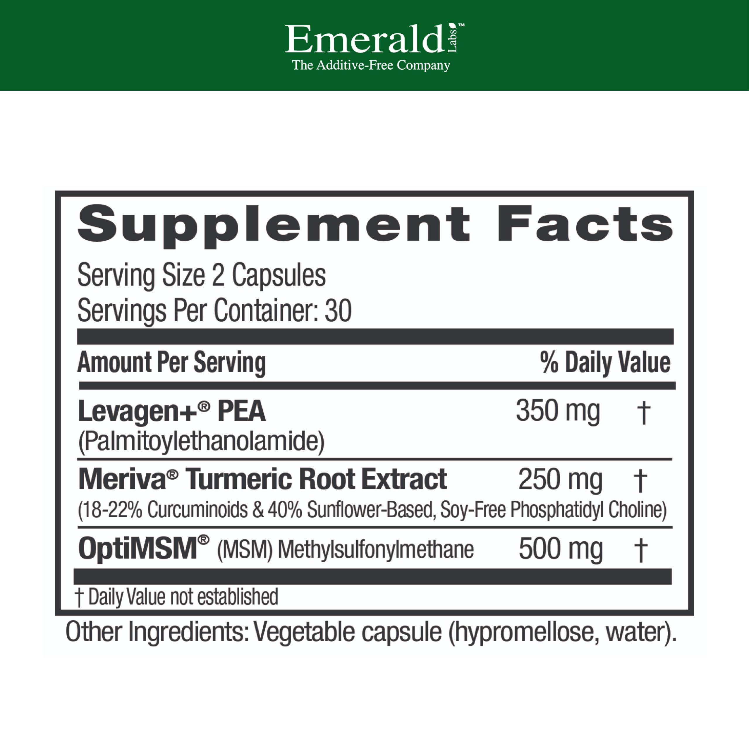 Emerald Labs Pea+ with Levagen+ label highlights Meriva curcumin for mobility.