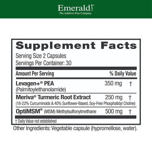 Emerald Labs Pea+ with Levagen+ label highlights Meriva curcumin for mobility.