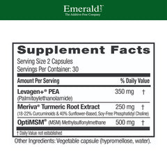 Emerald Labs Pea+ with Levagen+ label highlights Meriva curcumin for mobility.