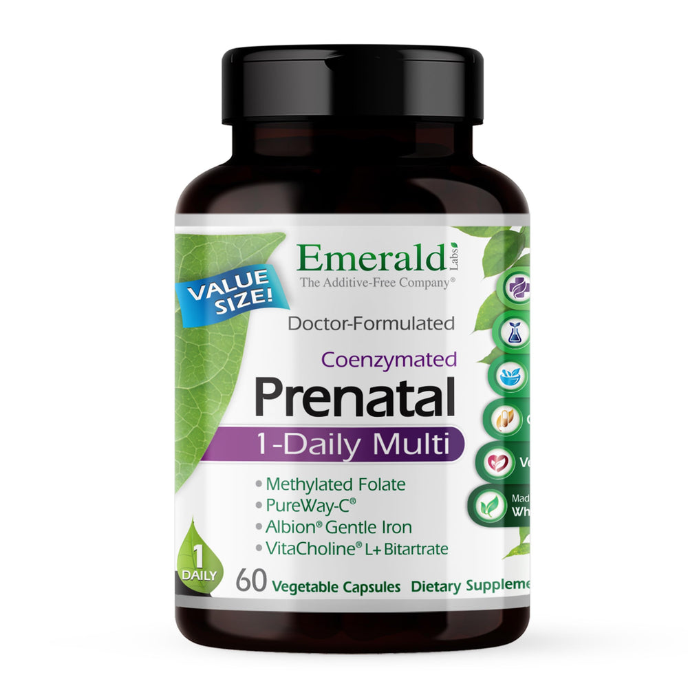 Emerald Labs Prenatal 1-Daily Multi bottle highlights complete prenatal nutrients for mom and baby.