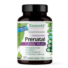Emerald Labs Prenatal 1-Daily Multi bottle highlights complete prenatal nutrients for mom and baby.