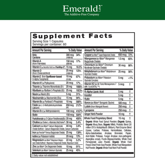 Close-up of capsules emphasizes gentle iron and methylated folate in the formula.