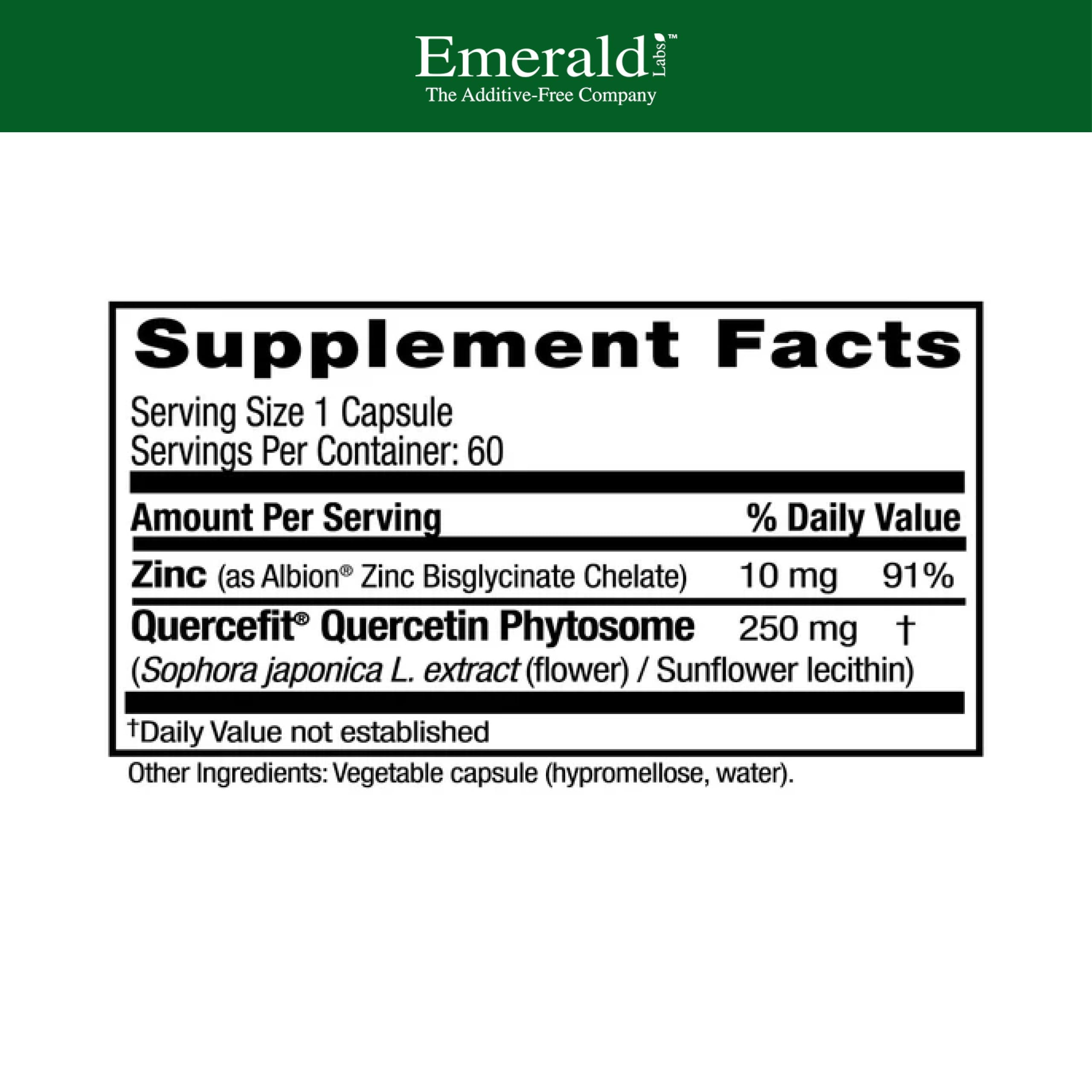 Emerald Labs Quercetin Phytosome Plus bottle back highlighting zinc and ingredients for daily immune health.