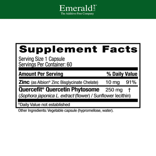 Emerald Labs Quercetin Phytosome Plus bottle back highlighting zinc and ingredients for daily immune health.