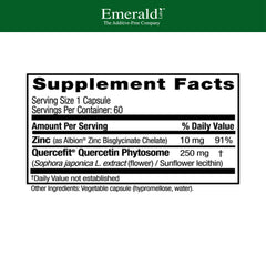 Emerald Labs Quercetin Phytosome Plus bottle back highlighting zinc and ingredients for daily immune health.