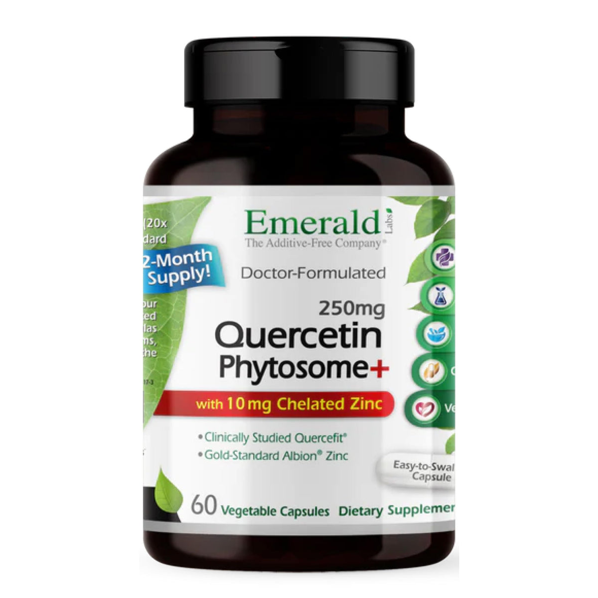 Emerald Labs Quercetin Phytosome Plus bottle front showing vegan capsules for immune support.
