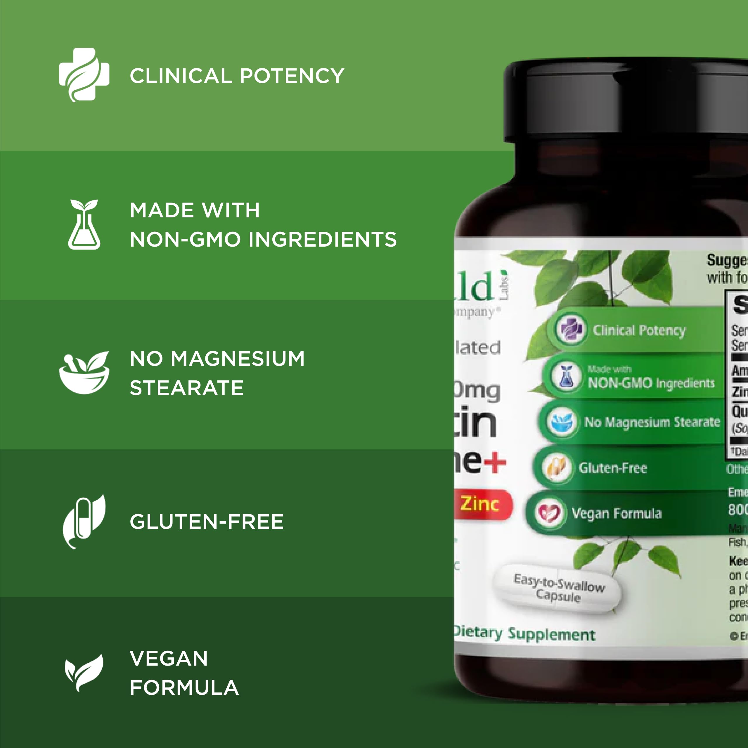 Emerald Labs Quercetin Phytosome Plus label detail showing vegan gluten-free ingredients for clean eating.