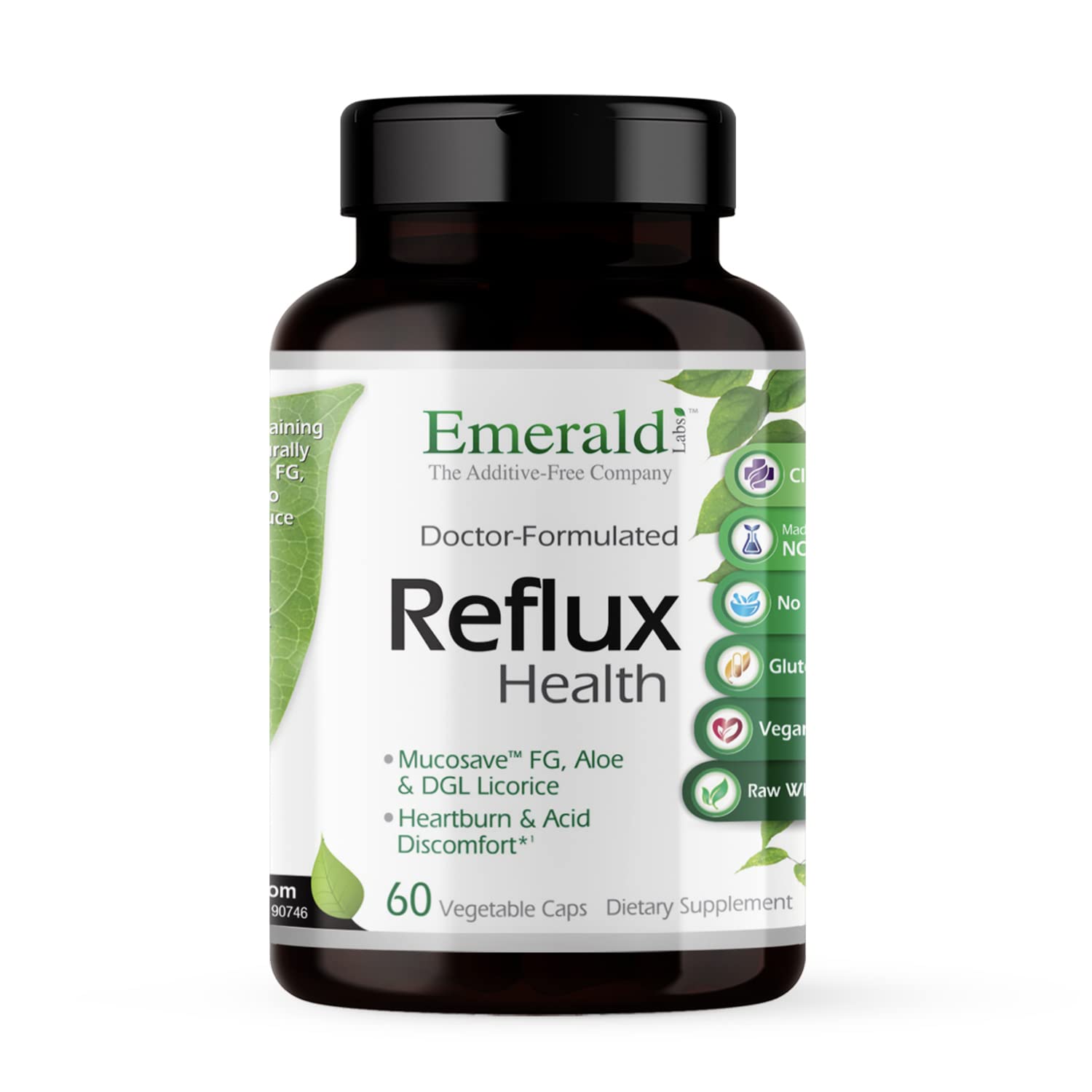Emerald Labs Reflux Health bottle front, showcasing vegan capsules for gut comfort