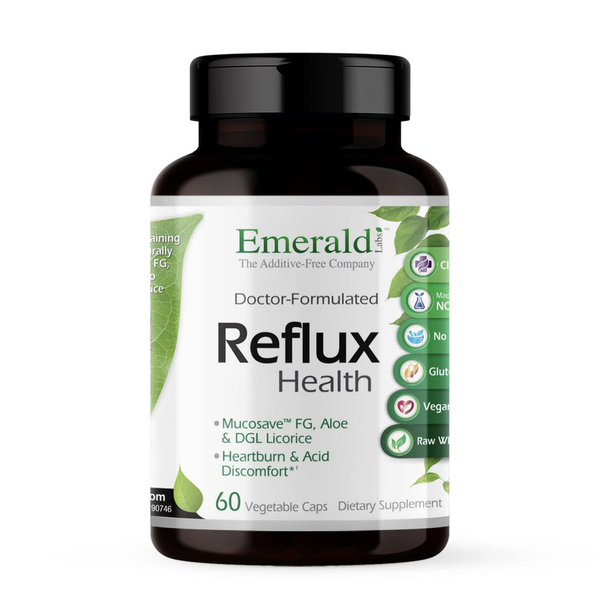 Emerald Labs Reflux Health bottle front, showcasing vegan capsules for gut comfort