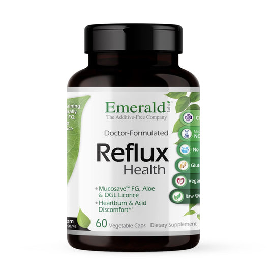 Emerald Labs Reflux Health bottle front, showcasing vegan capsules for gut comfort