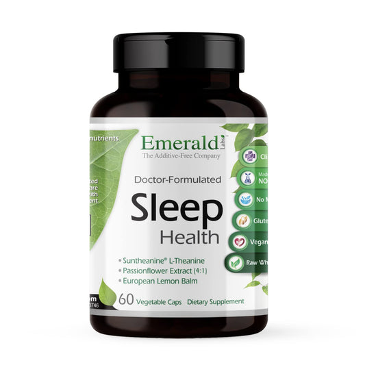 Emerald Labs Sleep Health bottle front view, vegan sleep support for a calmer night.