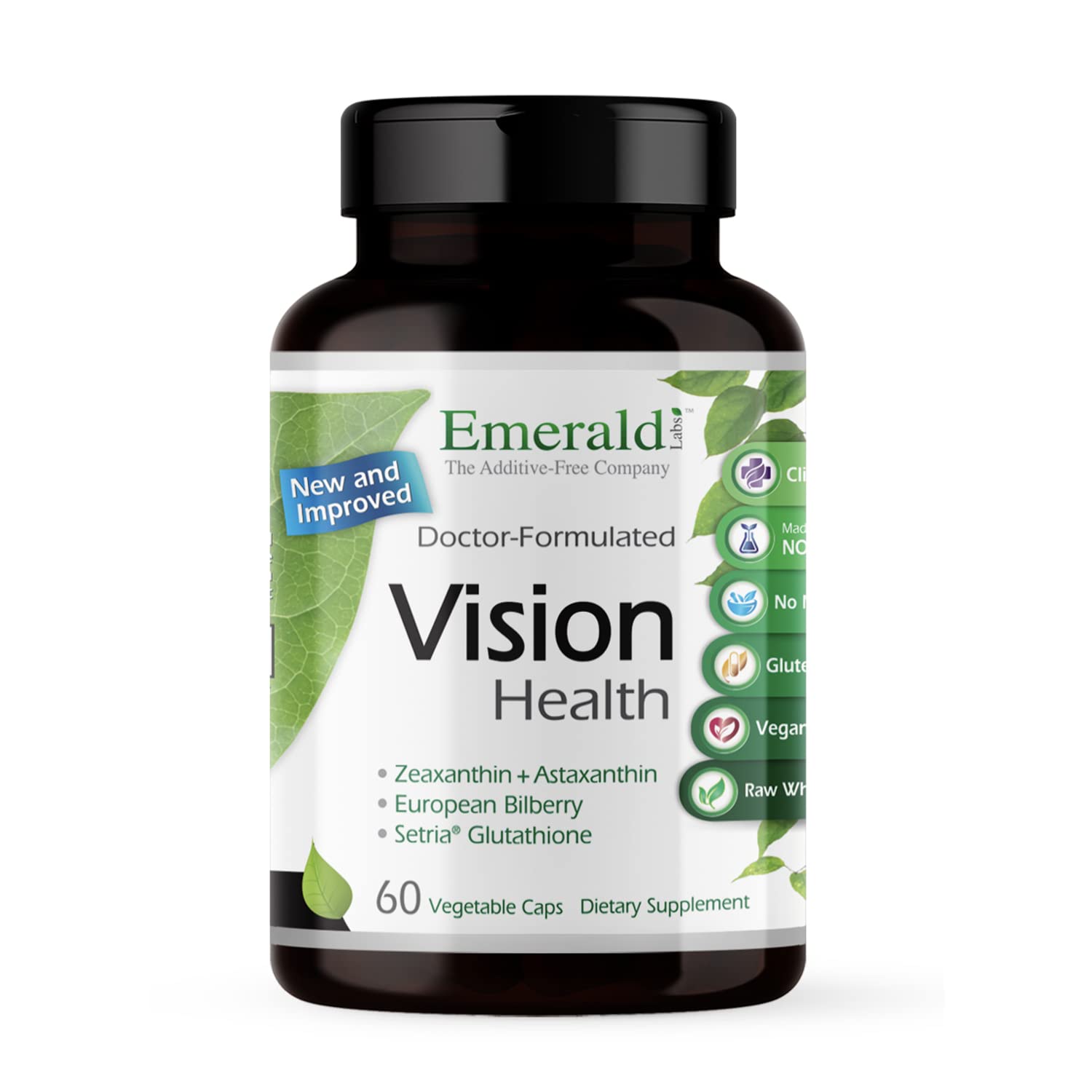 Emerald Labs Vision Health bottle showing 60 vegan capsules for daily eye support