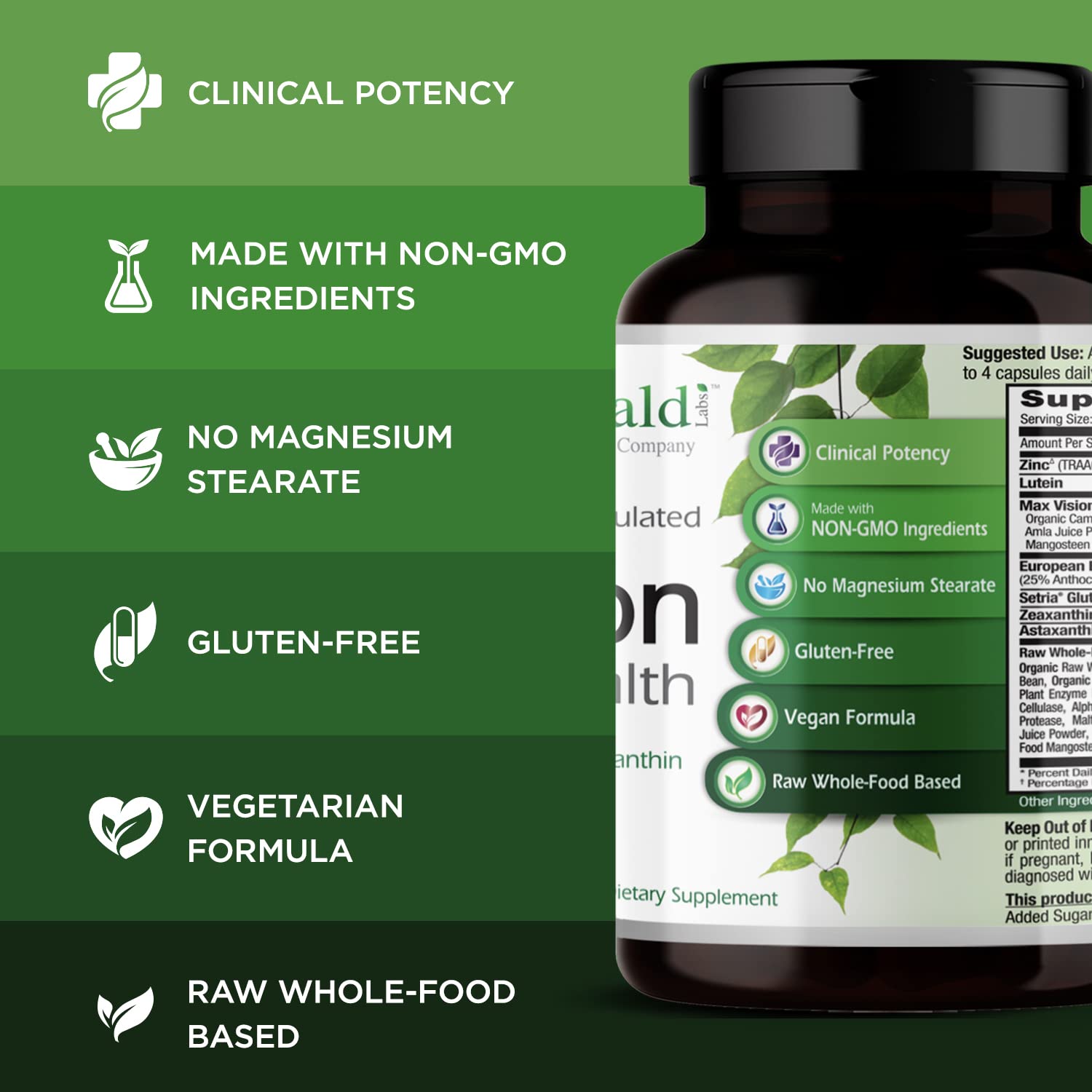 Vision Health label details Albion Chelated Zinc and essential nutrients