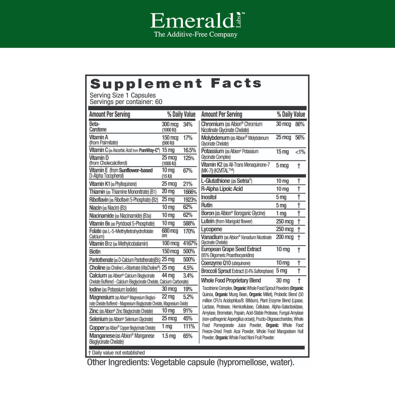 EMERALD LABS Women's 45+ Multi bottle label highlighting D3, K2, calcium