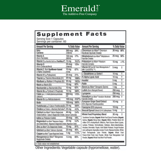 EMERALD LABS Women's 45+ Multi bottle label highlighting D3, K2, calcium