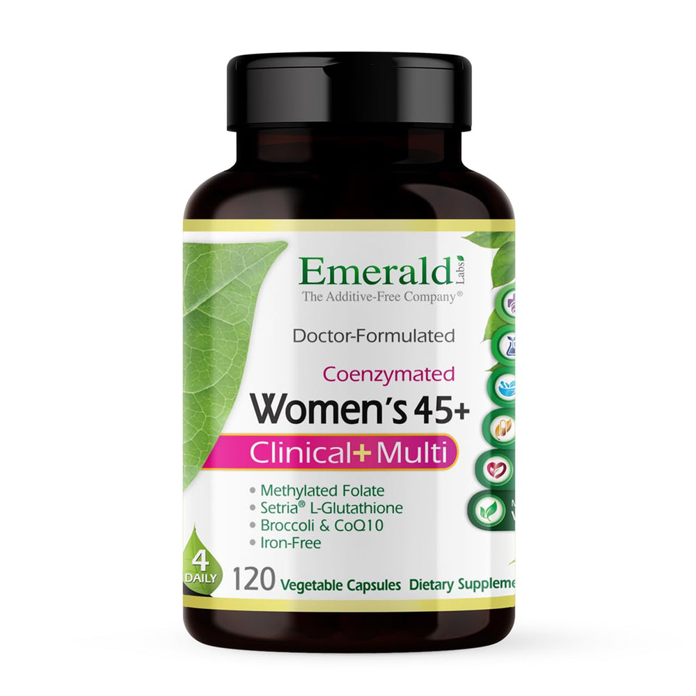 Emerald Labs Women's 45+ Multi bottle; gluten-free, vegetarian formula for bone and heart support.