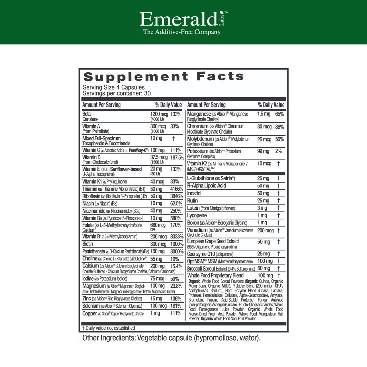 Emerald Labs Women's 45+ Multi capsules; vegetarian formula with comprehensive micronutrients.
