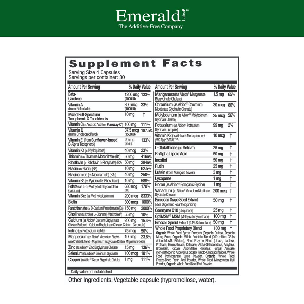 Emerald Labs Women's 45+ Multi capsules; vegetarian formula with comprehensive micronutrients.
