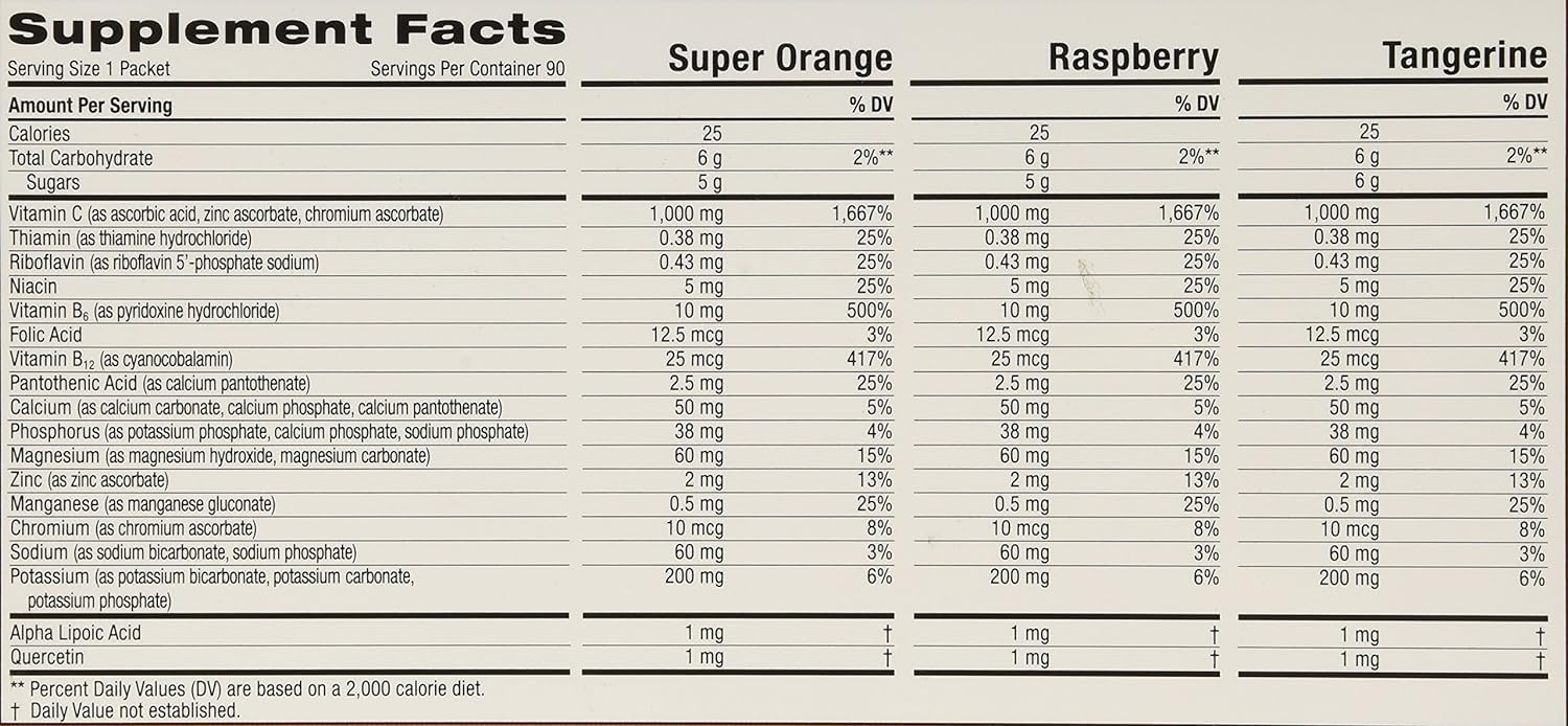 Emergen-C 1000 mg Vitamin C drink mix Raspberry and Tropical packs, convenient for on the go.