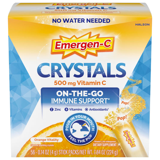 Emergen-C Crystals orange vitality stick-pack for on-the-go immune support.