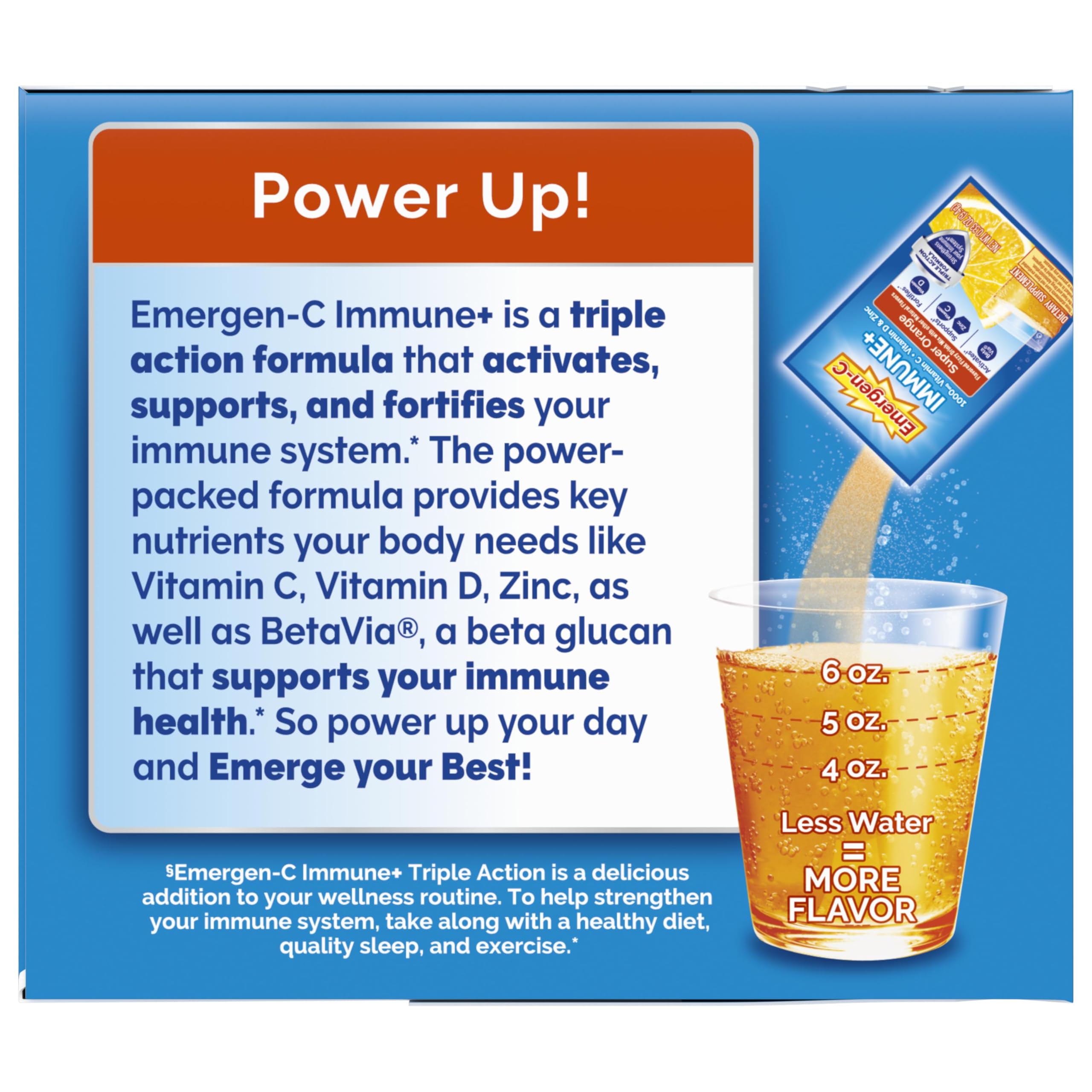 Emergen-C Immune+ Super Orange flavor in glass for refreshing hydration