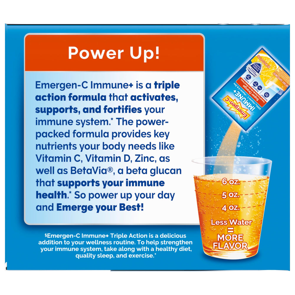 Emergen-C Immune+ Super Orange flavor in glass for refreshing hydration