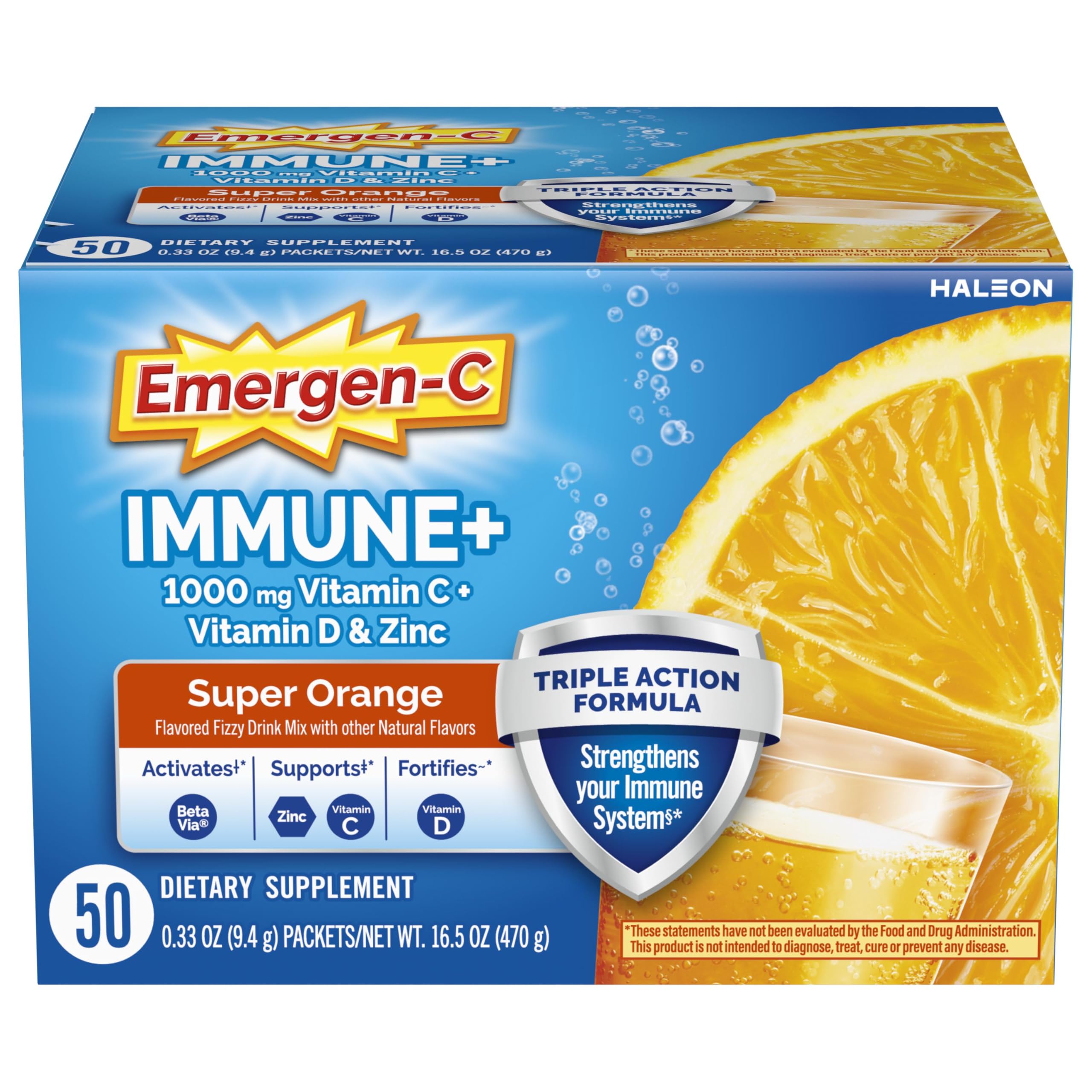 Emergen-C Immune+ Triple Action bottle front with bright citrus flavor for daily immune support