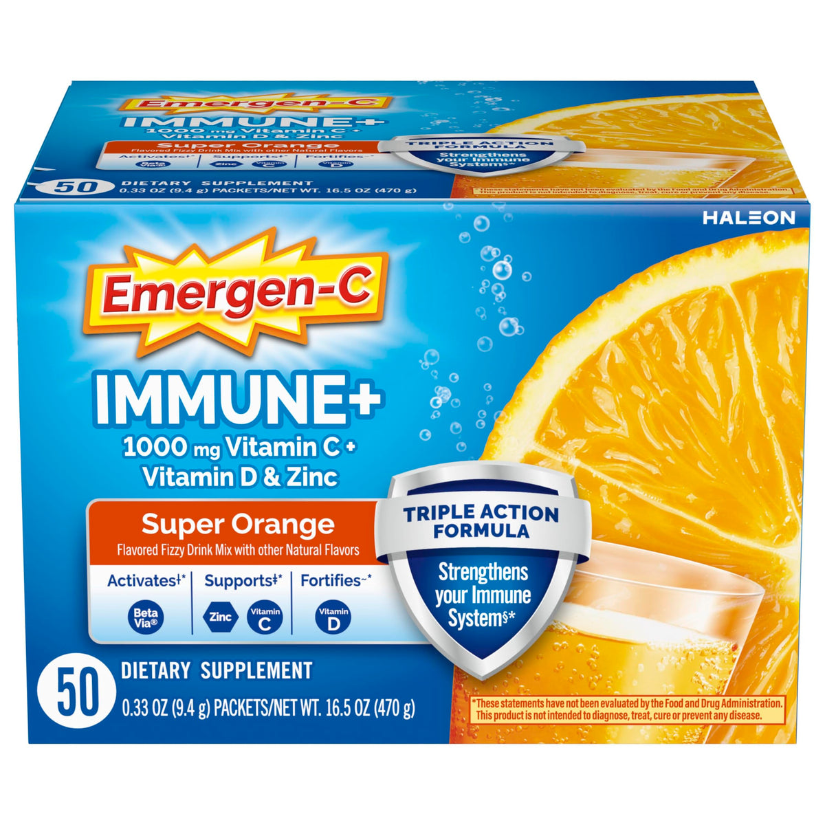 Emergen-C Immune+ Triple Action bottle front with bright citrus flavor for daily immune support