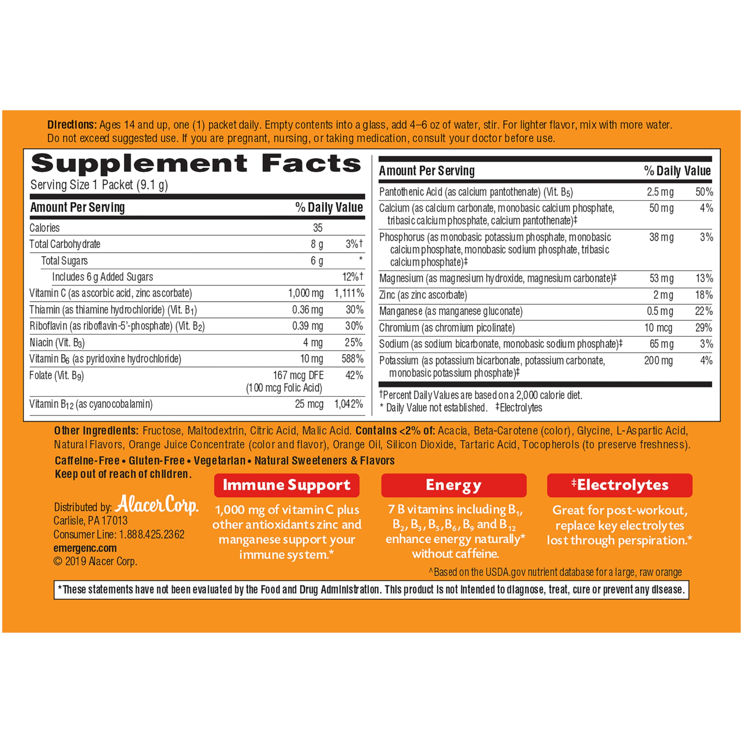 Gluten-free, vegetarian Emergen-C packaging emphasizing caffeine-free immunity support.