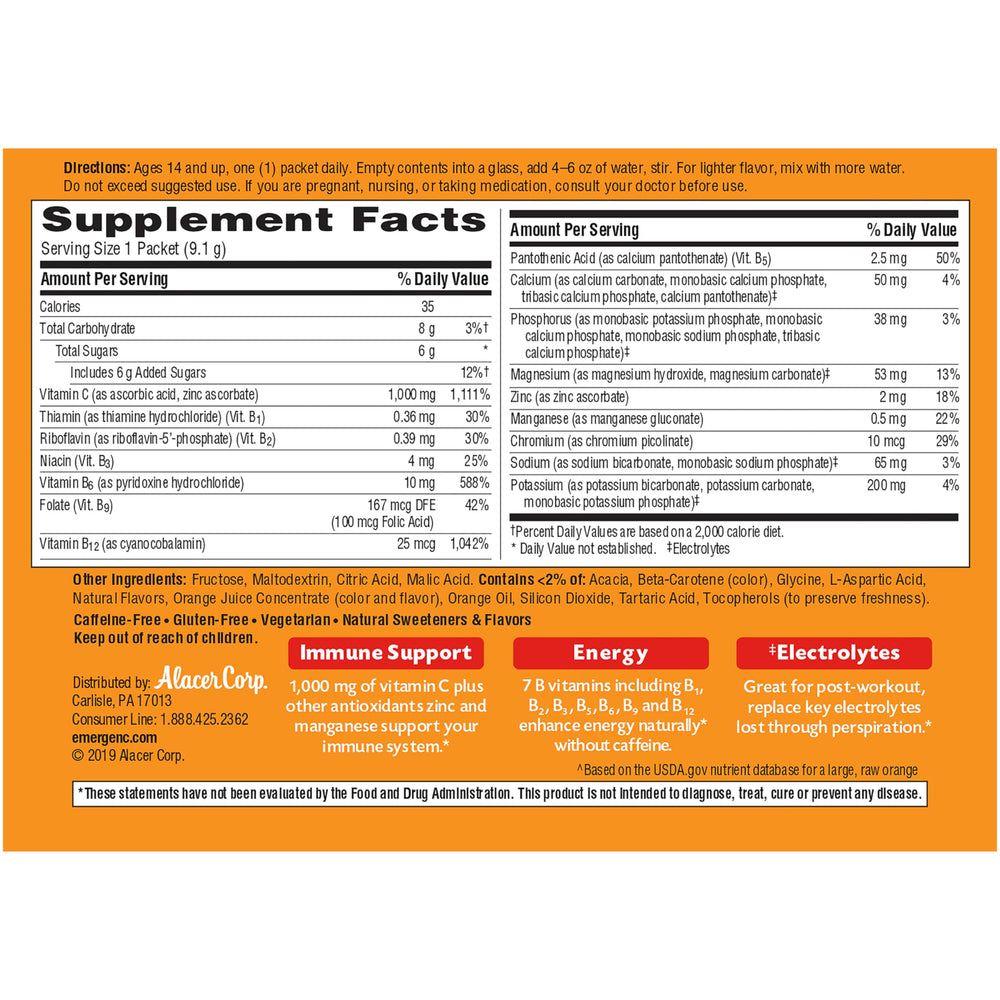 Gluten-free, vegetarian Emergen-C packaging emphasizing caffeine-free immunity support.