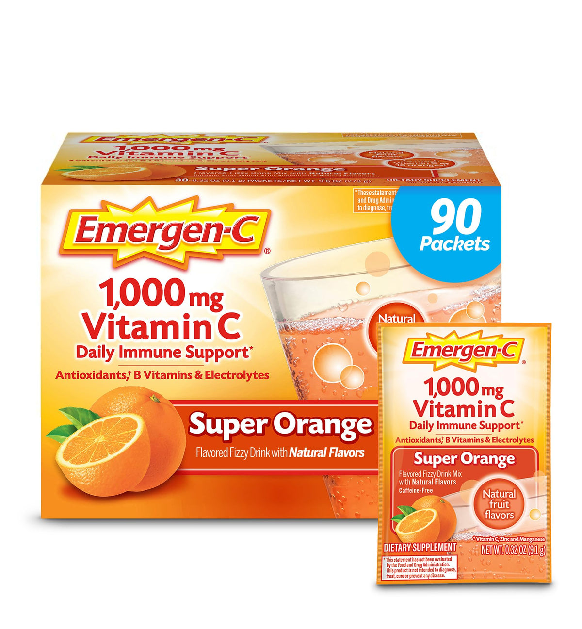 Emergen-C Super Orange packet dissolving quickly for refreshing daily immune support.