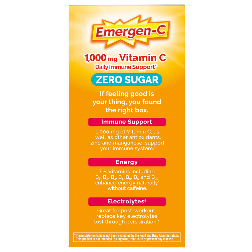 Glass of prepared Emergen-C Zero Sugar drink highlighting bright color.